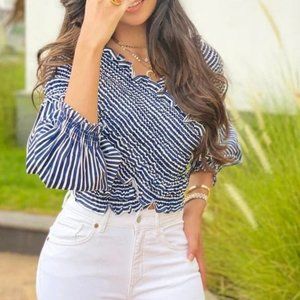 Zara blue/white striped smocked/ruched cris-cross long sleeve top size S